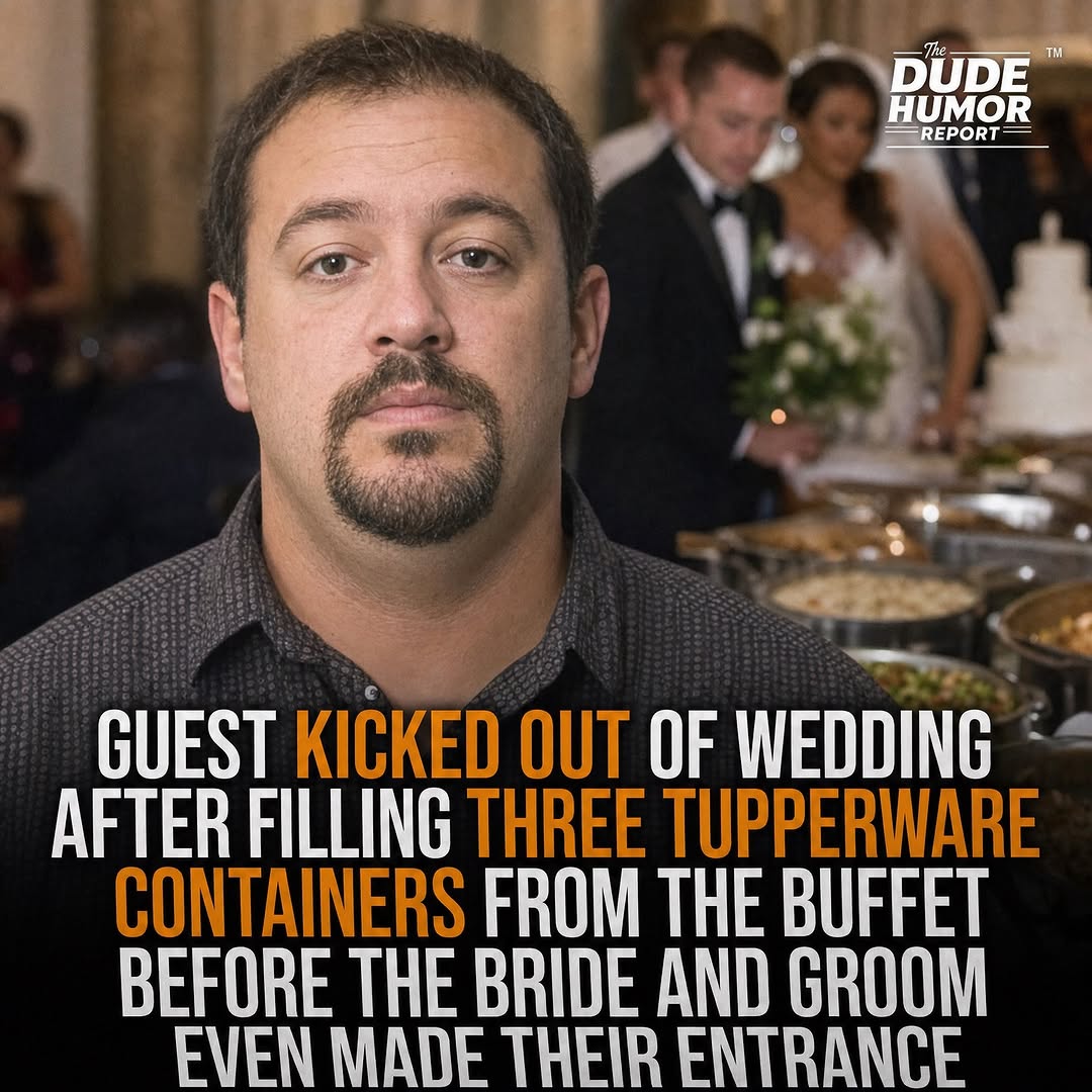 Charlotte, North Carolina — A wedding reception descended into chaos after a guest allegedly arrived carrying three empty Tupperware containers and began packing the buffet before the newlyweds had ev