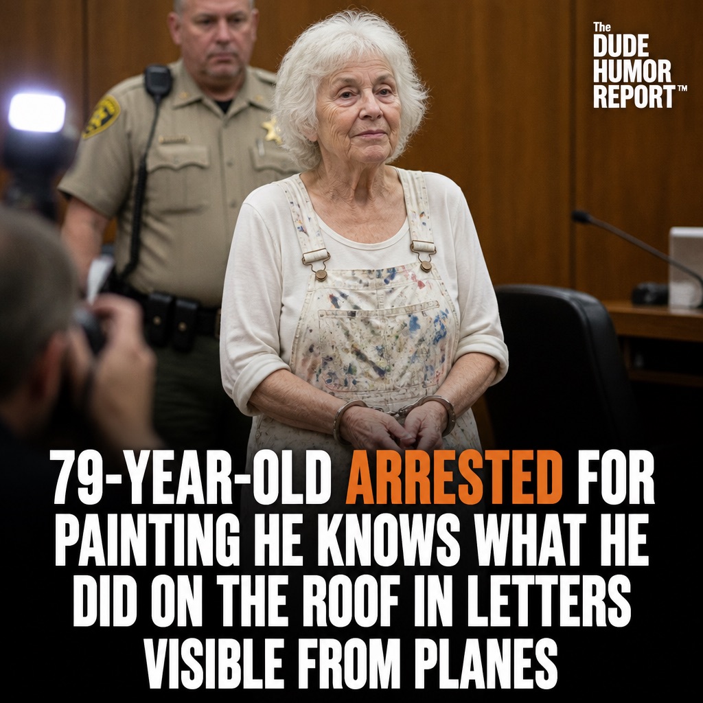 79-YEAR-OLD ARRESTED FOR PAINTING "HE KNOWS WHAT HE DID" ON THE ROOF IN LETTERS VISIBLE FROM PLANES
