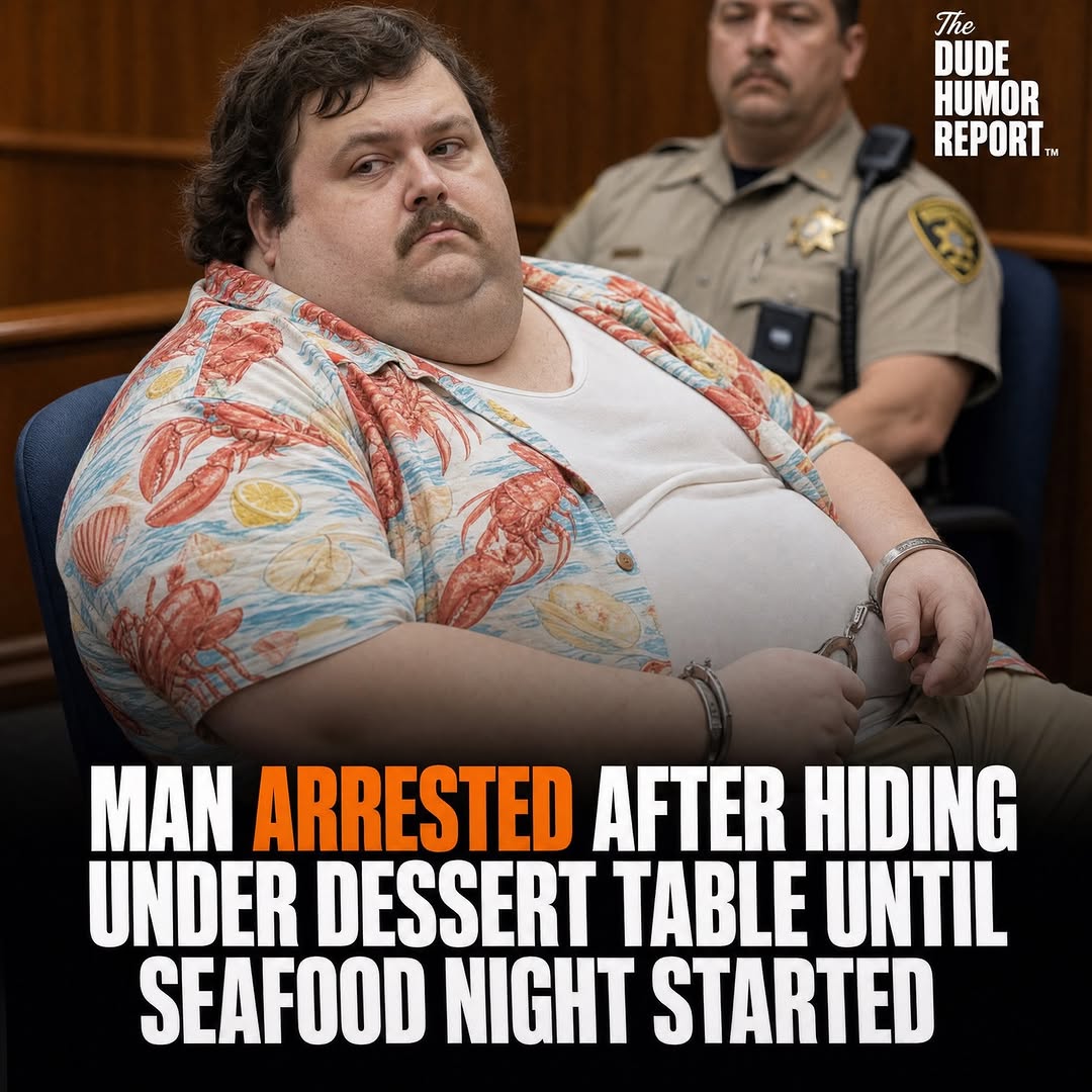MAN ARRESTED AFTER HIDING UNDER DESSERT TABLE UNTIL SEAFOOD NIGHT STARTED