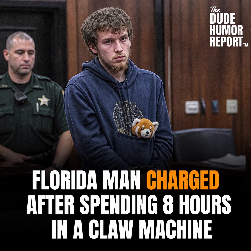 FLORIDA MAN CHARGED AFTER SPENDING EIGHT HOURS LIVING INSIDE A CLAW MACHINE TO WIN A $4 STUFFED PANDA