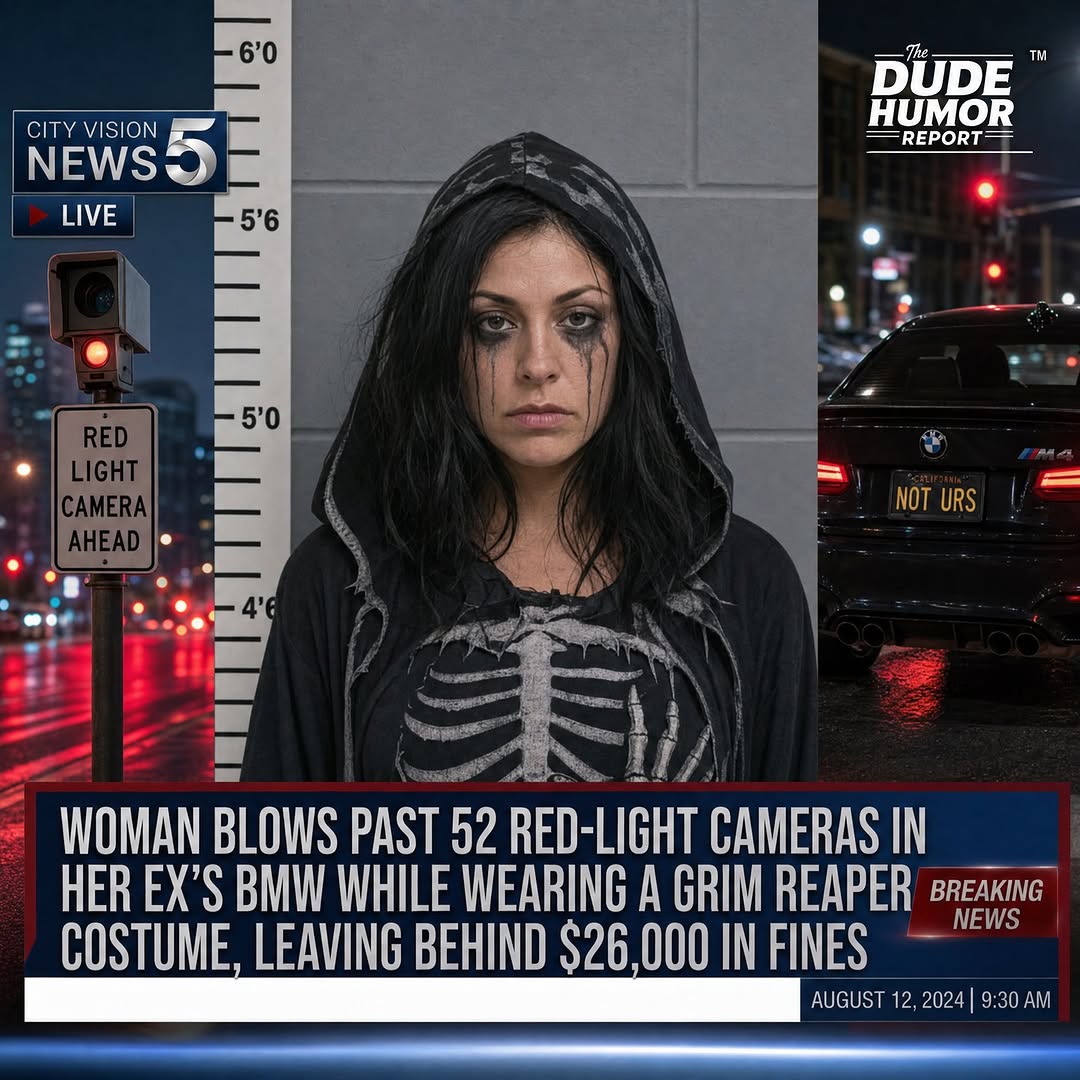 DEAD SERIOUS: WOMAN BLOWS PAST 52 RED-LIGHT CAMERAS IN HER EX'S BMW WHILE WEARING A GRIM REAPER COSTUME, LEAVING BEHIND $26,000 IN FINES