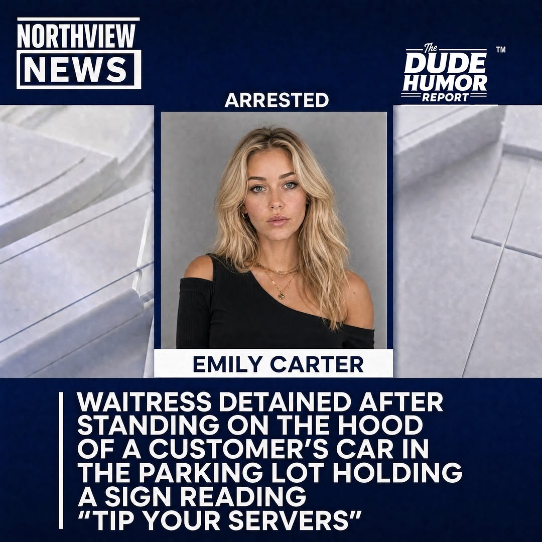 WAITRESS DETAINED AFTER STANDING ON THE HOOD OF A CUSTOMER'S CAR IN THE PARKING LOT HOLDING A SIGN READING "TIP YOUR SERVERS"
