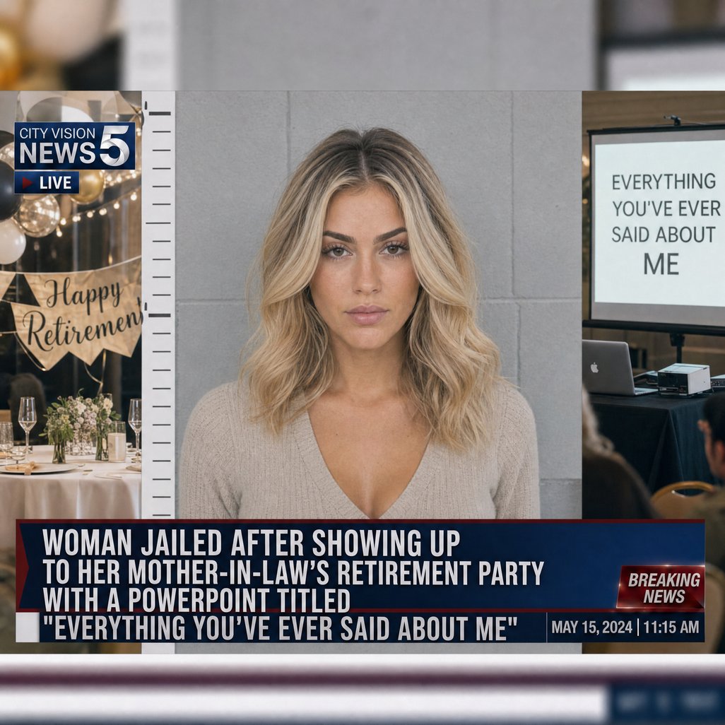 SCOTTSDALE, AZ — Brooke Calloway, 31, was arrested Saturday evening after showing up to her mother-in-law Patricia's 32-year retirement party at a Scottsdale event venue with a 14-slide PowerPoint tit