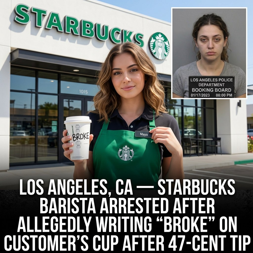 LOS ANGELES, CA — STARBUCKS BARISTA ARRESTED AFTER ALLEGEDLY WRITING “BROKE” ON CUSTOMER’S CUP AFTER 47-CENT TIP