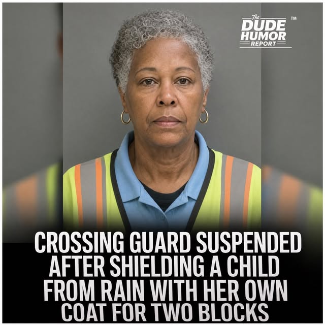 CROSSING GUARD SUSPENDED AFTER SHIELDING A CHILD FROM RAIN WITH HER OWN COAT FOR TWO BLOCKS