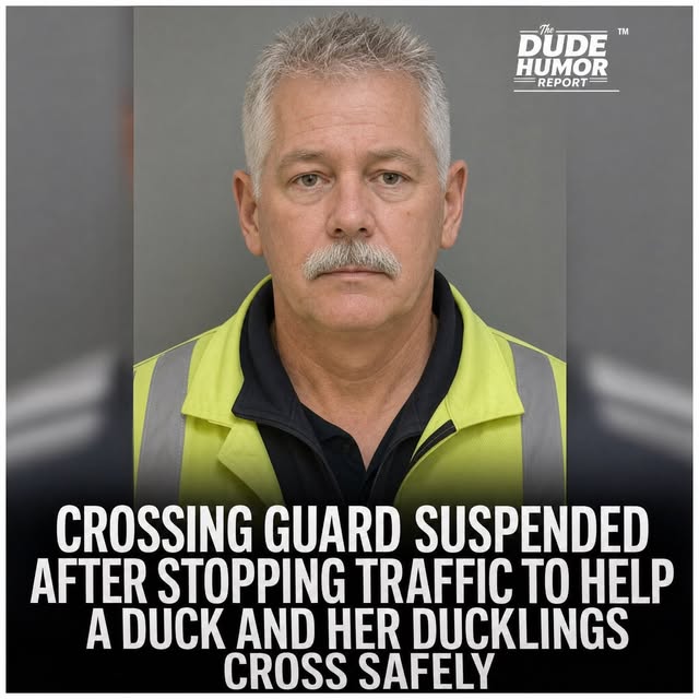 CROSSING GUARD SUSPENDED AFTER STOPPING TRAFFIC TO HELP A DUCK AND HER DUCKLINGS CROSS SAFELY