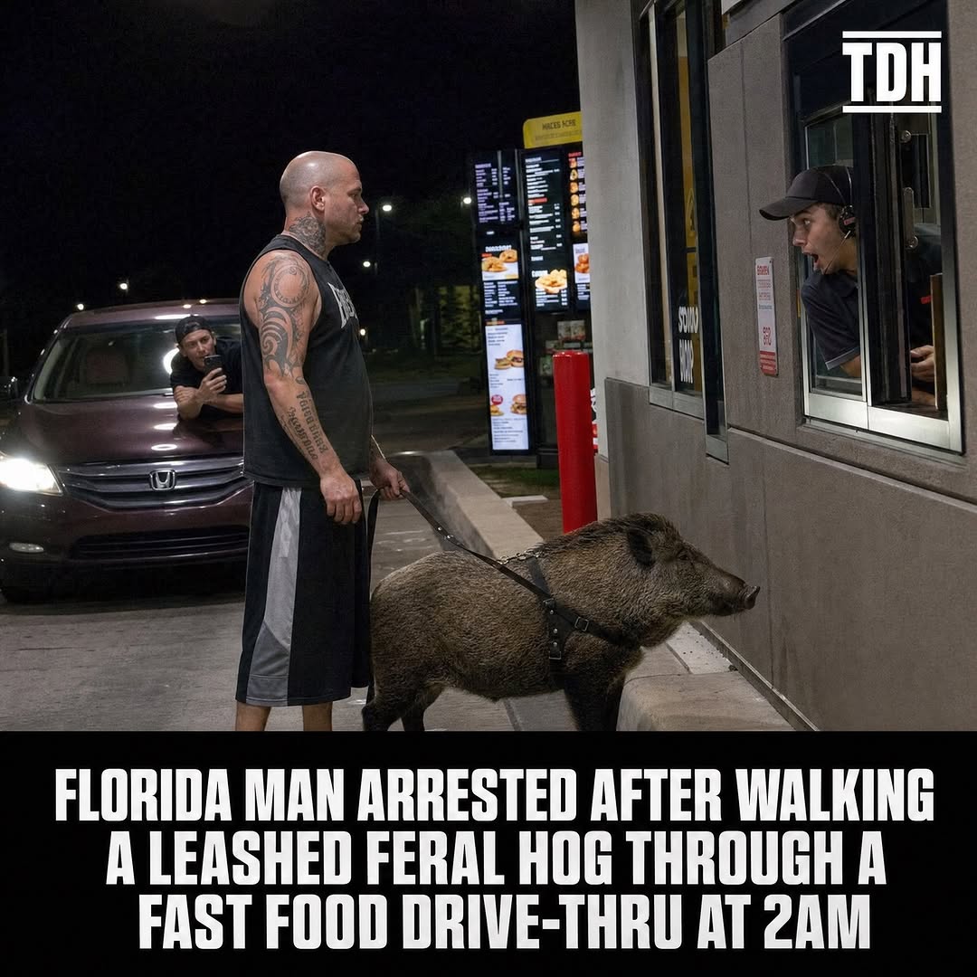 FLORIDA MAN ARRESTED AFTER WALKING A LEASHED FERAL HOG THROUGH A FAST FOOD DRIVE-THRU AT 3AM