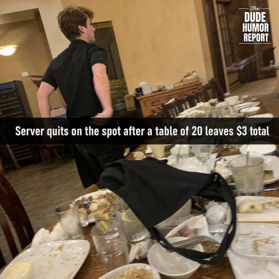 SERVER WALKED OUT MID-SHIFT AFTER A 20-TOP LEFT HIM $3 ON A $612 CHECK
