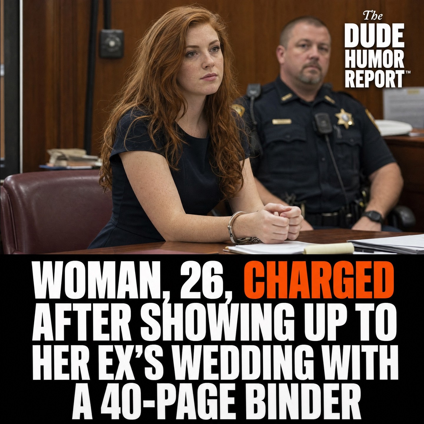 WOMAN, 26, CHARGED AFTER SHOWING UP TO HER EX'S WEDDING WITH A 40-PAGE BINDER