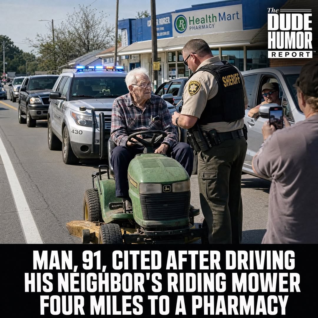 MAN, 91, CITED AFTER DRIVING HIS NEIGHBOR'S RIDING MOWER FOUR MILES TO A PHARMACY