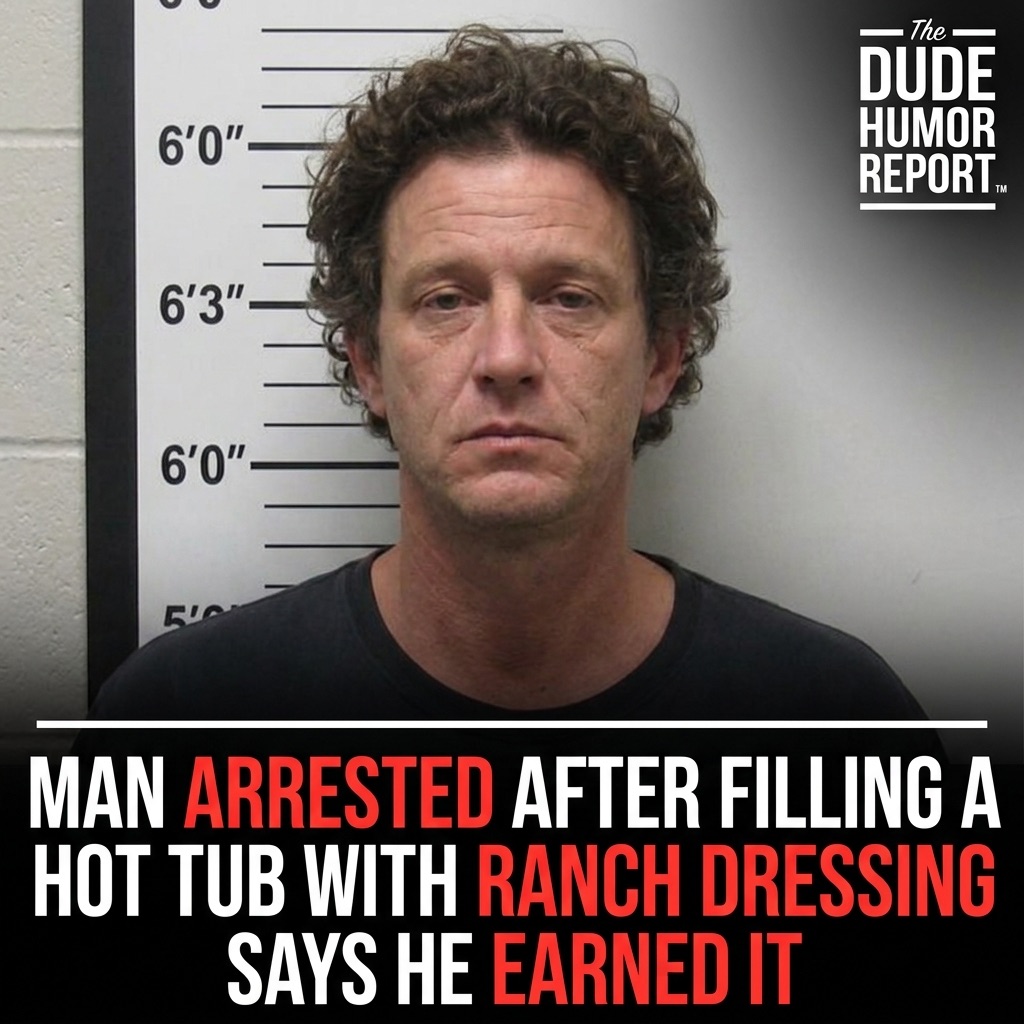 MAN ARRESTED AFTER FILLING A HOT TUB WITH RANCH DRESSING, SAYS HE EARNED IT