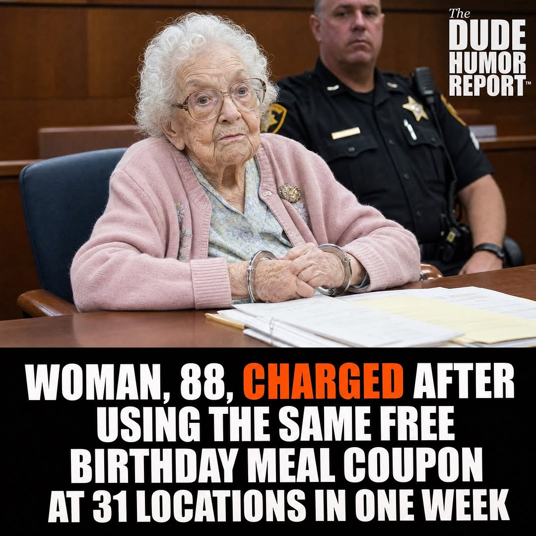 WOMAN, 88, CHARGED AFTER USING THE SAME FREE BIRTHDAY MEAL COUPON AT 31 LOCATIONS IN ONE WEEK