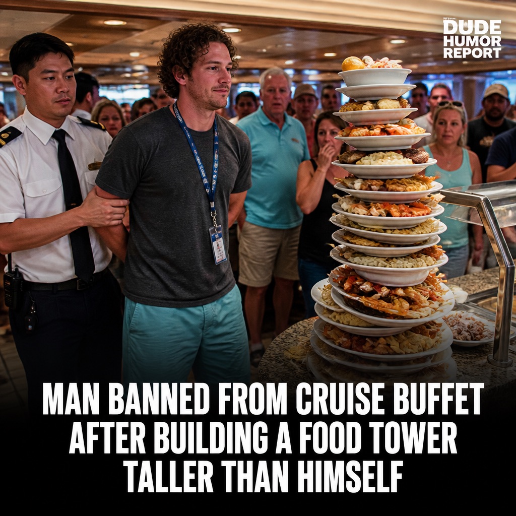 MAN BANNED FROM CRUISE BUFFET AFTER BUILDING A FOOD TOWER TALLER THAN HIMSELF