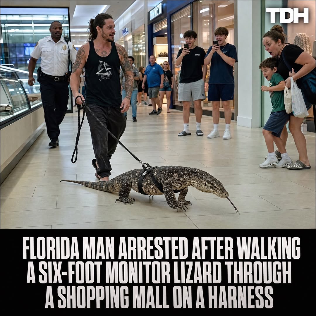 FLORIDA MAN ARRESTED AFTER WALKING A SIX-FOOT MONITOR LIZARD THROUGH A SHOPPING MALL ON A HARNESS