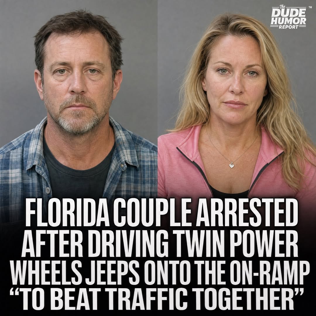 FLORIDA COUPLE ARRESTED AFTER DRIVING TWIN POWER WHEELS JEEPS ONTO THE ON-RAMP "TO BEAT TRAFFIC TOGETHER"