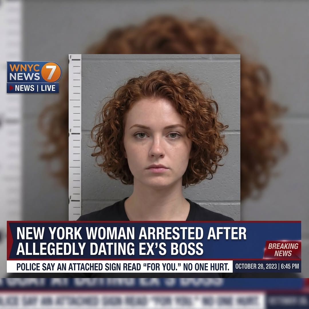 NEW YORK WOMAN ARRESTED AFTER ALLEGEDLY DATING EX-BOYFRIEND'S BOSS -- POLICE SAY AN ATTACHED SIGN READ "FOR YOU." NO ONE HURT.
