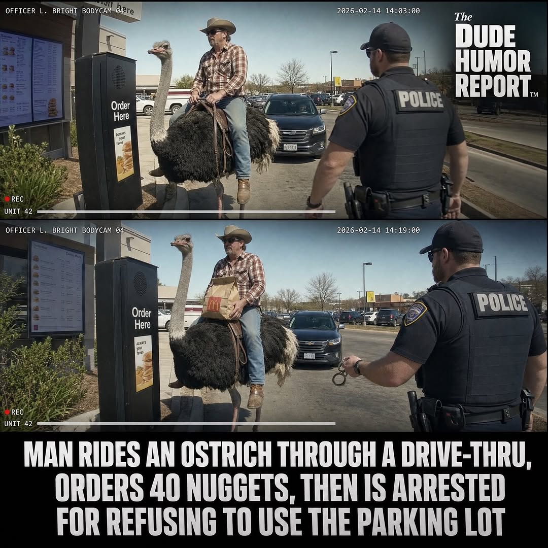 MAN RIDES AN OSTRICH THROUGH A DRIVE-THRU, ORDERS 40 NUGGETS, THEN IS ARRESTED FOR REFUSING TO USE THE PARKING LOT