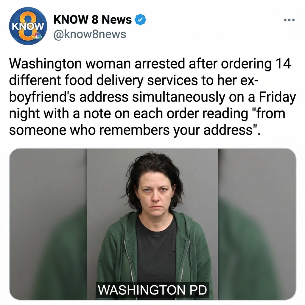 A Tacoma, Washington woman was arrested Saturday after investigators confirmed she had placed 14 separate food delivery orders to her ex-boyfriend's apartment on a single Friday night, using 14 differ