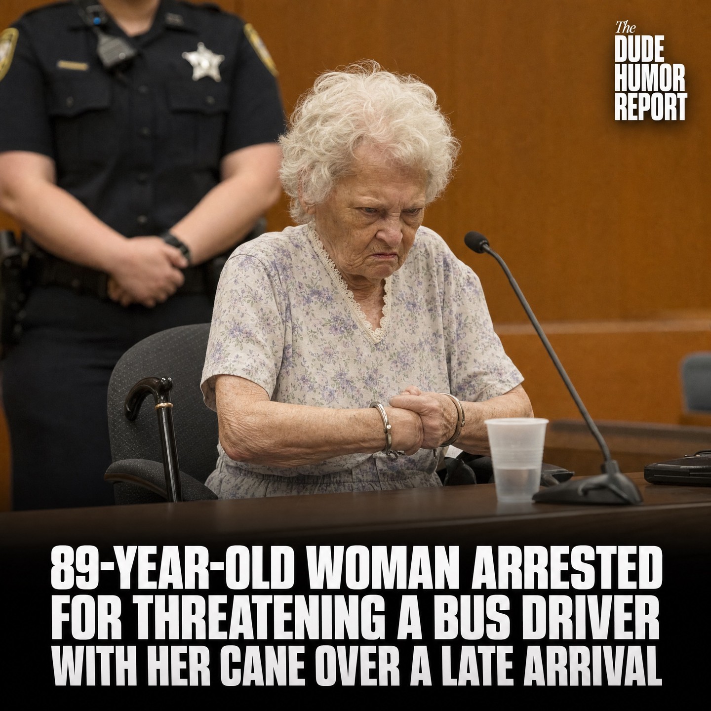89-YEAR-OLD WOMAN ARRESTED FOR THREATENING A BUS DRIVER WITH HER CANE OVER A LATE ARRIVAL