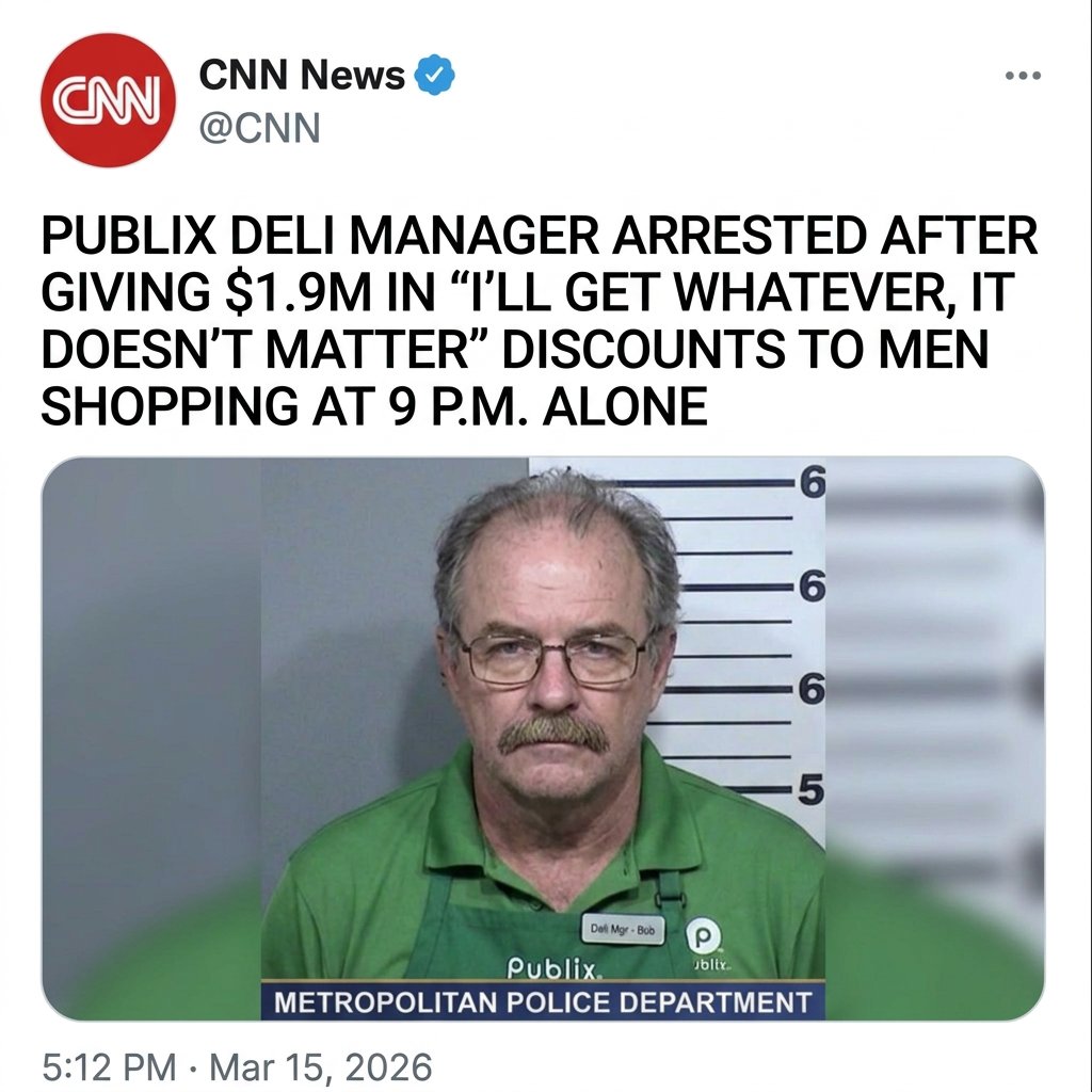 PUBLIX DELI MANAGER ARRESTED AFTER GIVING $1.9 MILLION IN "I'LL GET WHATEVER, IT DOESN'T MATTER" DISCOUNTS TO MEN SHOPPING ALONE AT 9 P.M.