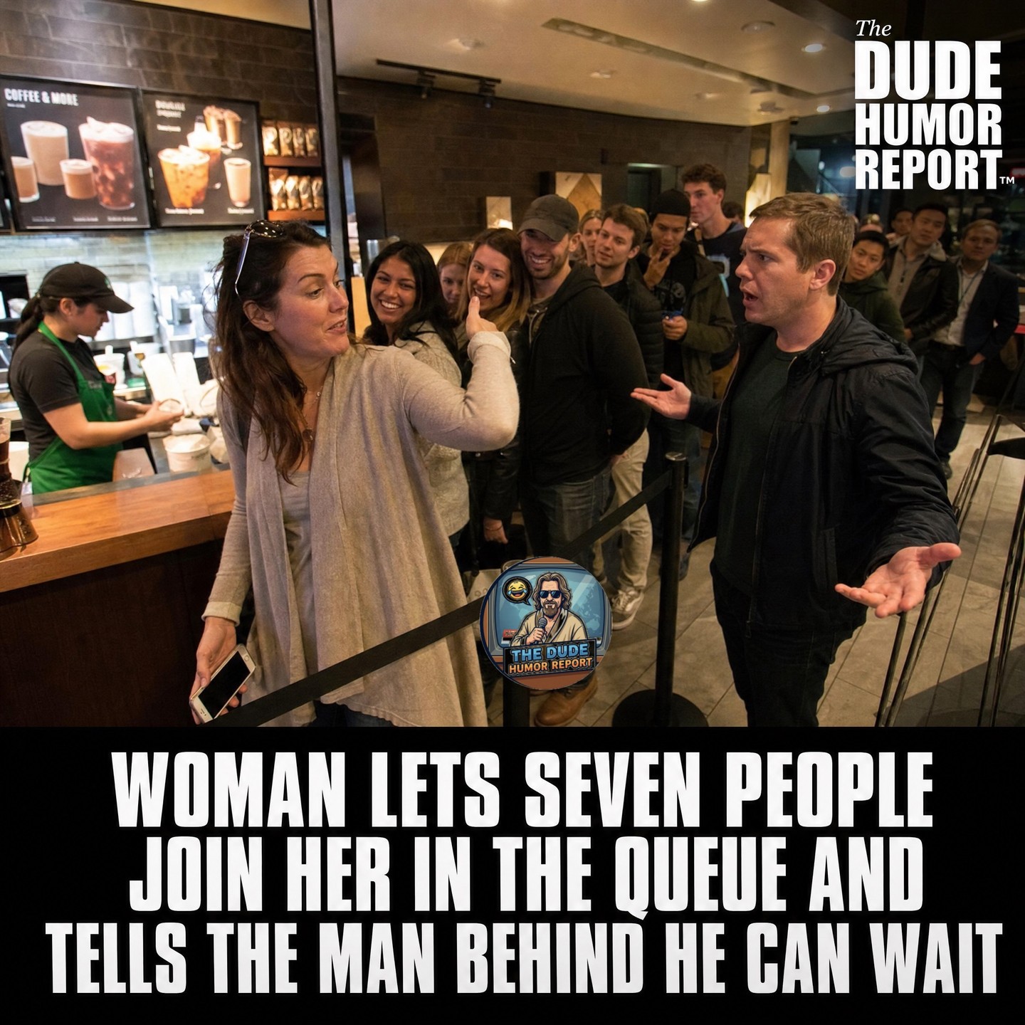 WOMAN LETS SEVEN PEOPLE JOIN HER IN THE QUEUE AND TELLS THE MAN BEHIND HE CAN WAIT