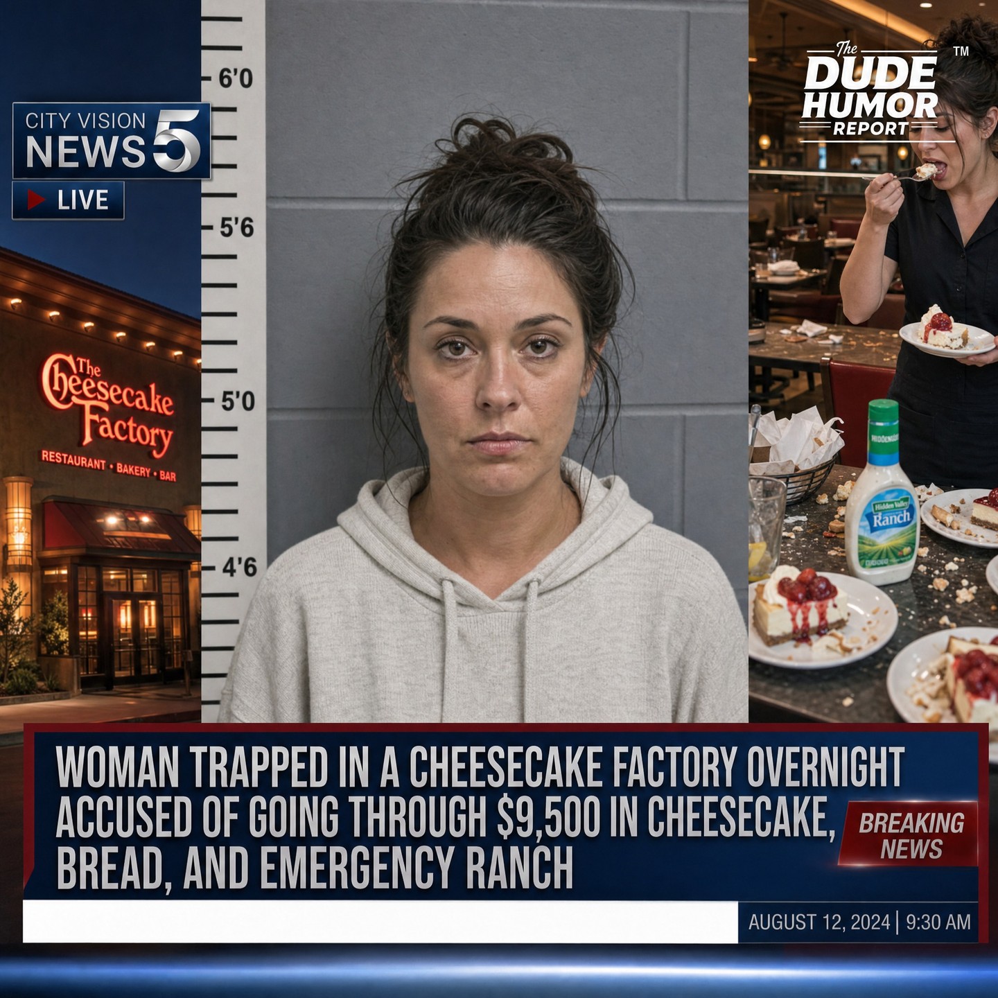 WOMAN LOCKED INSIDE A CHEESECAKE FACTORY OVERNIGHT ACCUSED OF CLEARING $8,200 IN DESSERT, BISCUITS, AND EXTRA RANCH