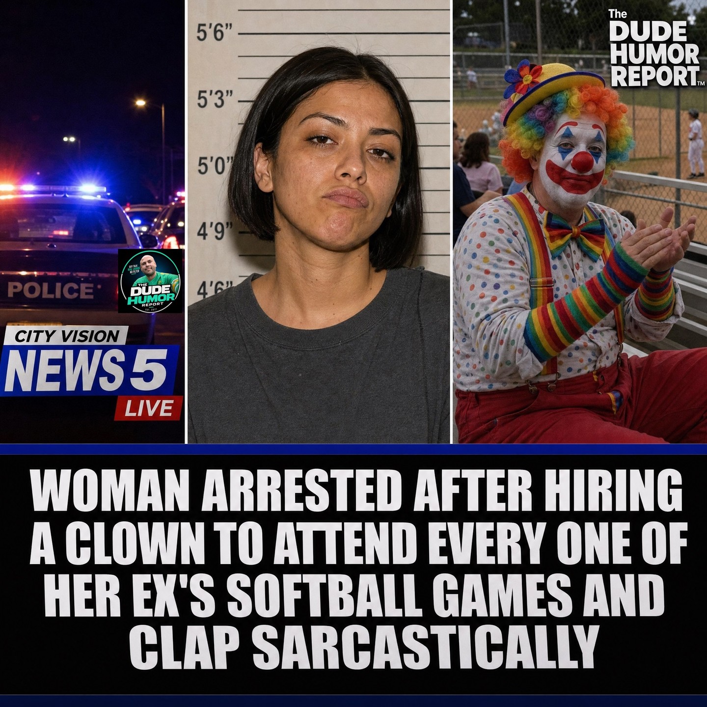 WOMAN ARRESTED AFTER HIRING A CLOWN TO ATTEND EVERY ONE OF HER EX'S SOFTBALL GAMES AND CLAP SARCASTICALLY