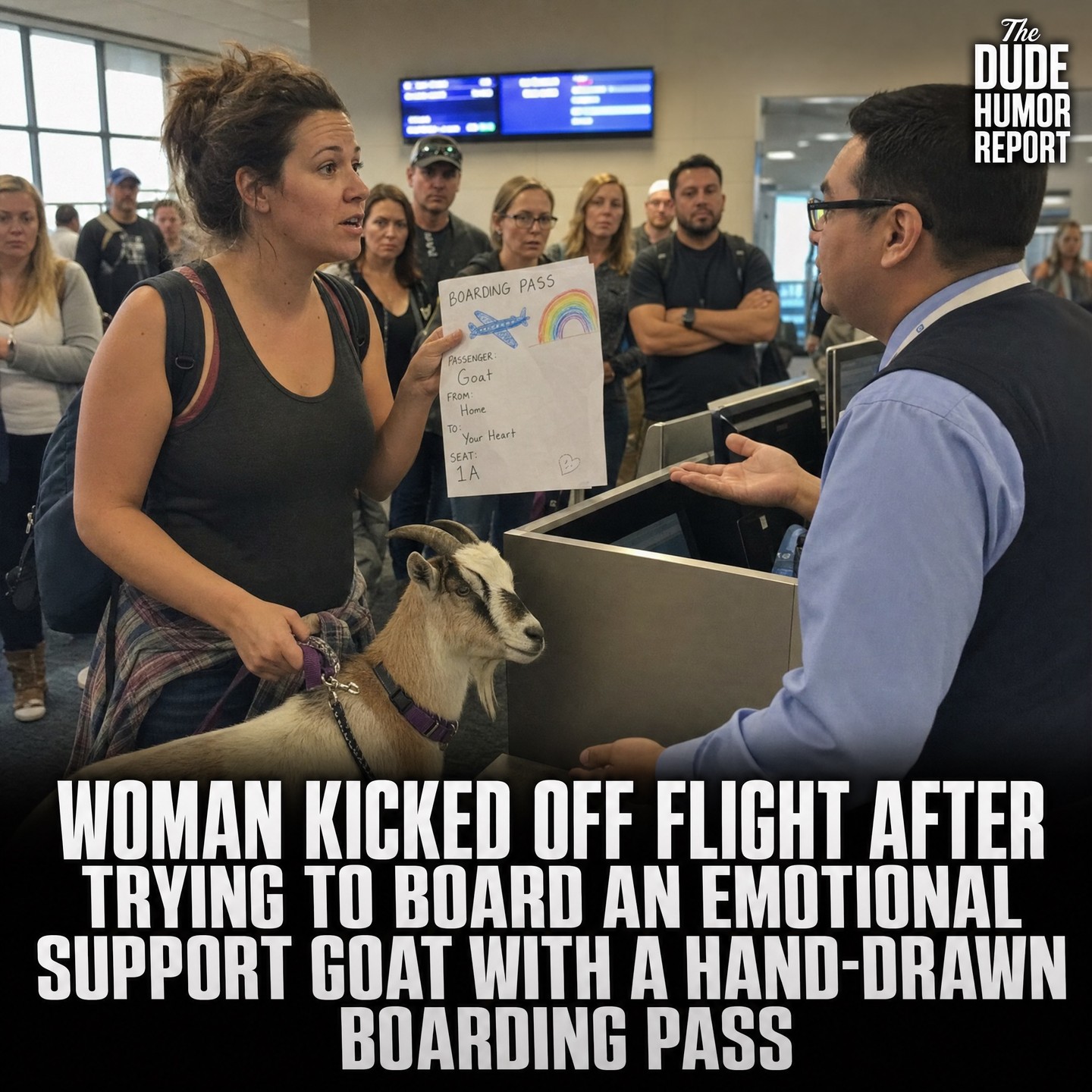 WOMAN KICKED OFF FLIGHT AFTER TRYING TO BOARD AN EMOTIONAL SUPPORT GOAT WITH A HAND-DRAWN BOARDING PASS