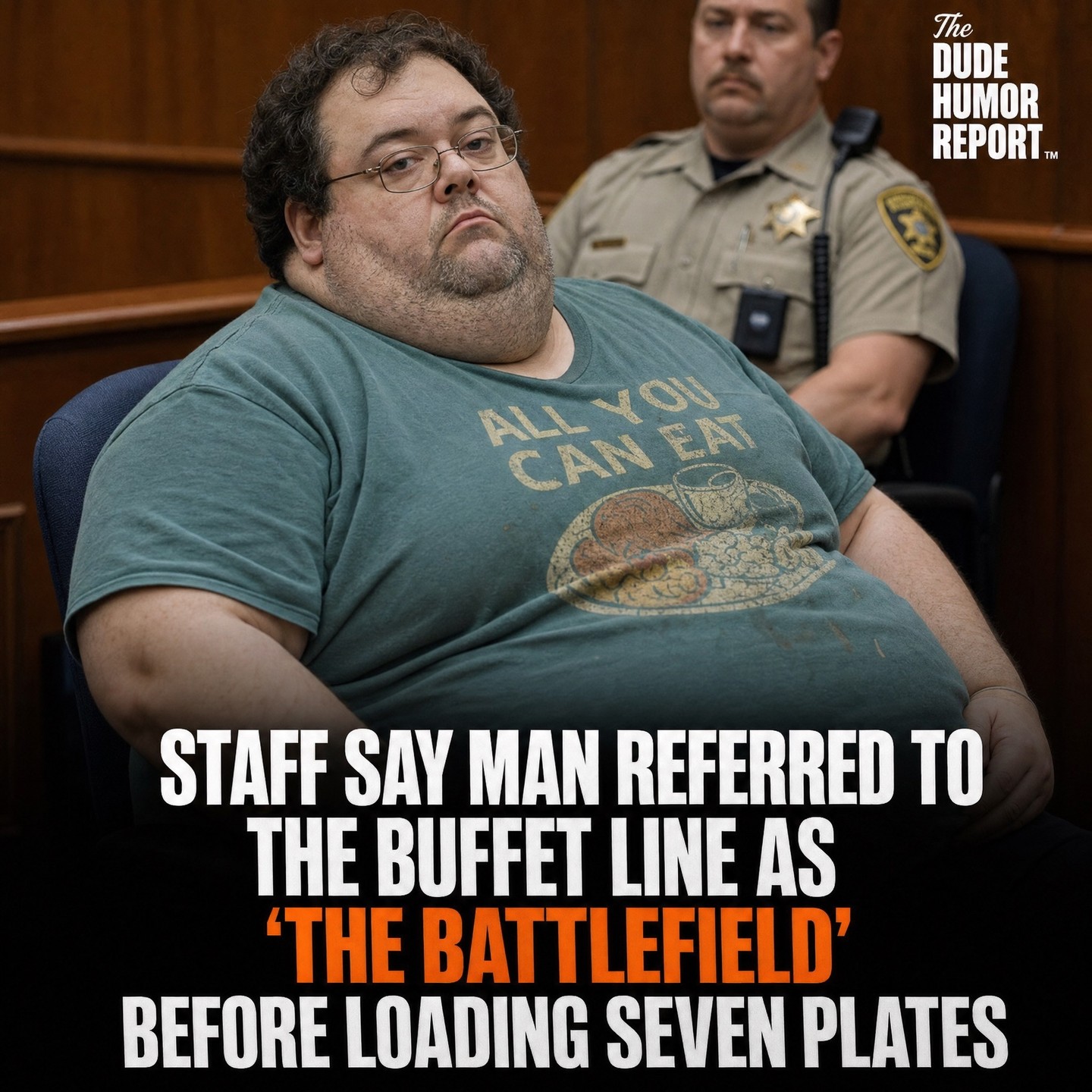 STAFF SAY MAN REFERRED TO THE BUFFET LINE AS "THE BATTLEFIELD" BEFORE LOADING SEVEN PLATES