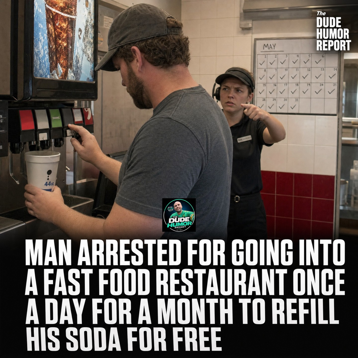 MAN ARRESTED FOR GOING INTO A FAST FOOD RESTAURANT ONCE A DAY FOR A MONTH TO REFILL HIS SODA FOR FREE
