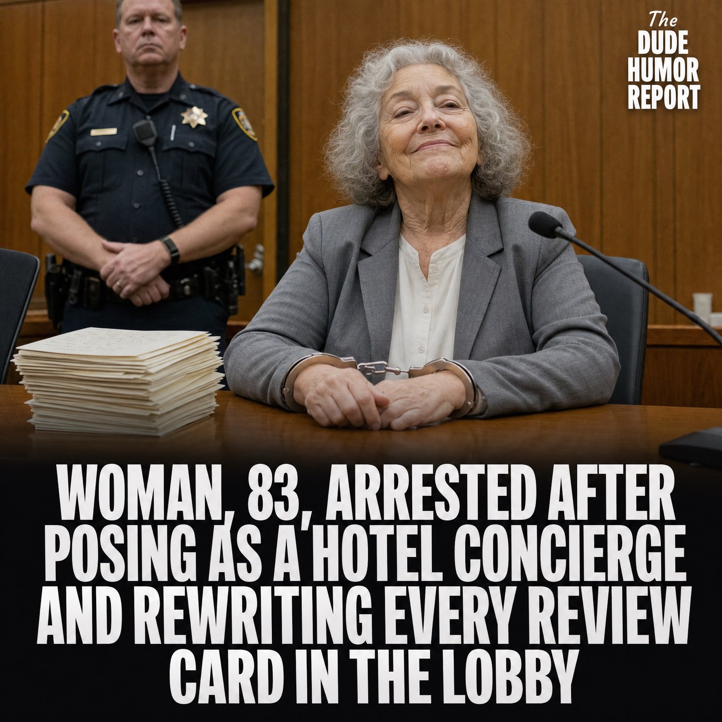 WOMAN, 83, ARRESTED AFTER POSING AS A HOTEL CONCIERGE AND REWRITING EVERY REVIEW CARD IN THE LOBBY