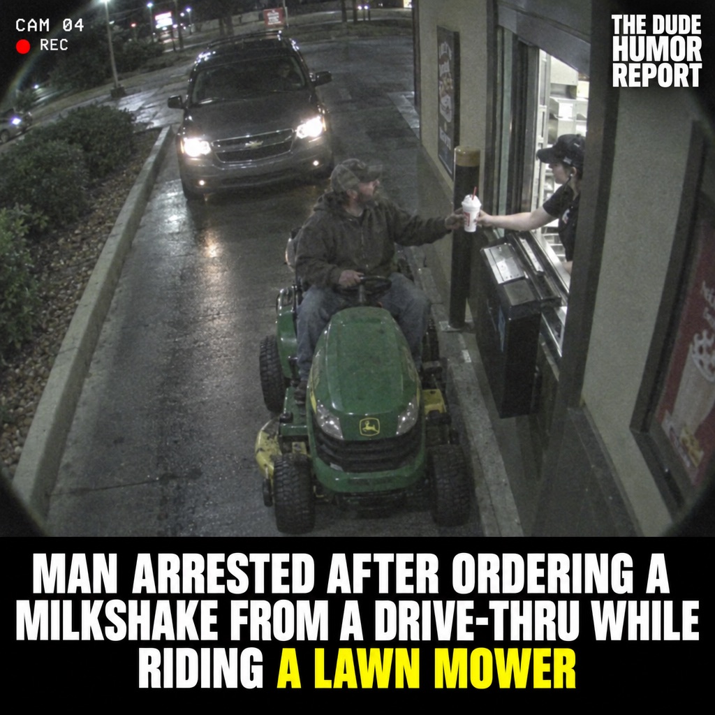 MAN ARRESTED AFTER ORDERING A MILKSHAKE AT A DRIVE-THRU ON A LAWN MOWER