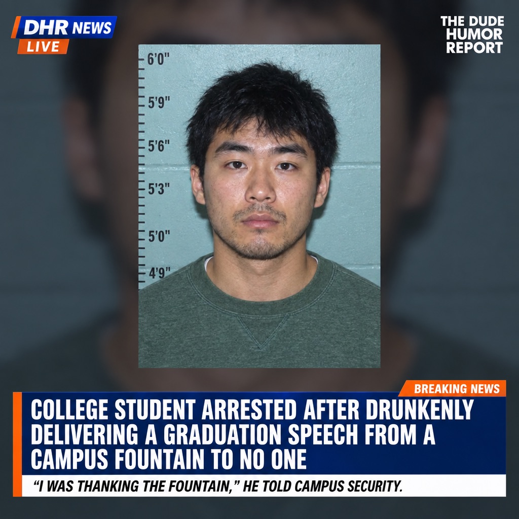 STUDENT DELIVERS DRUNKEN GRADUATION SPEECH FROM A CAMPUS FOUNTAIN TO NO ONE