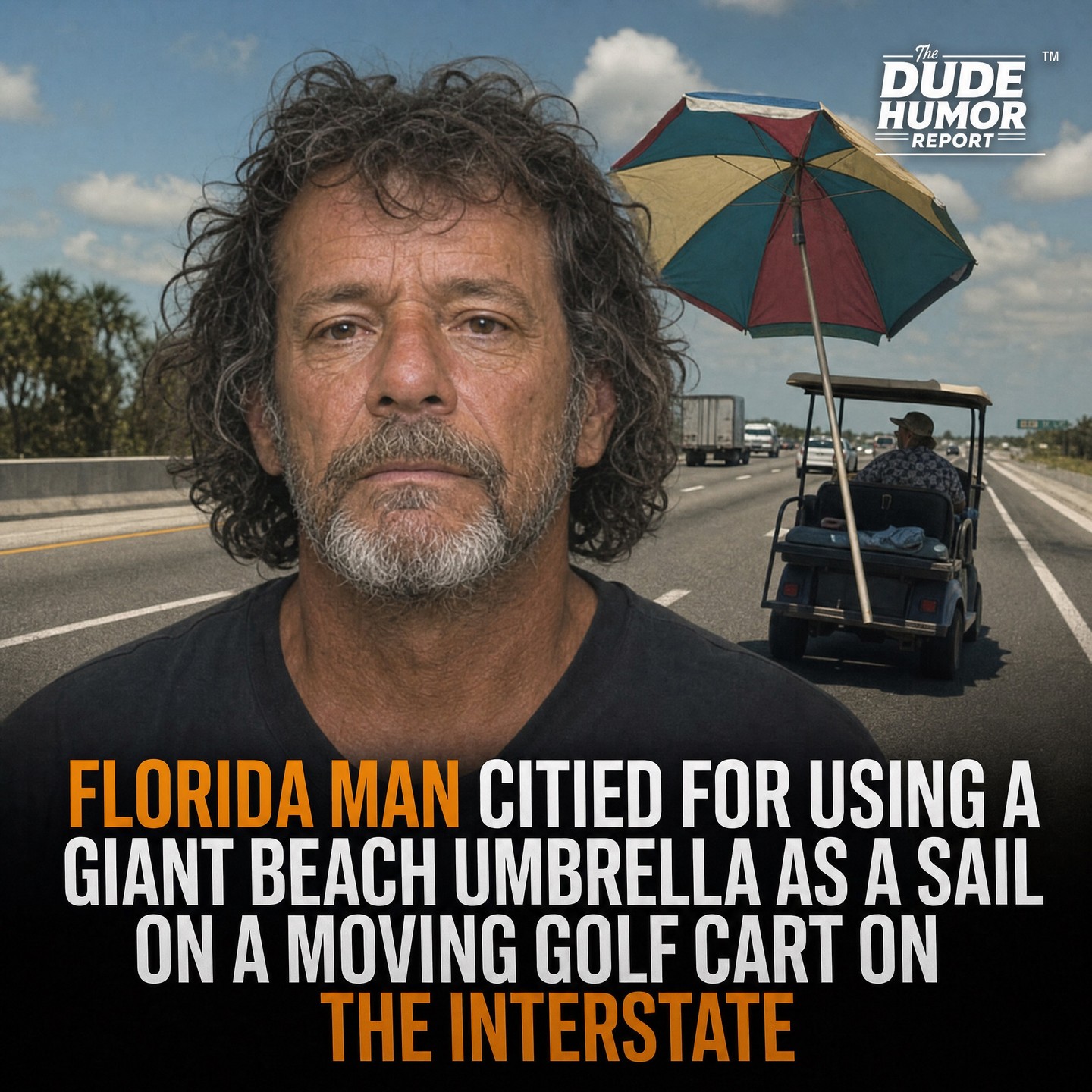 FLORIDA MAN DETAINED AFTER CLAIMING A BEACH UMBRELLA WOULD "BOOST MPG" ON HIS GOLF CART DURING HIGHWAY TRIP