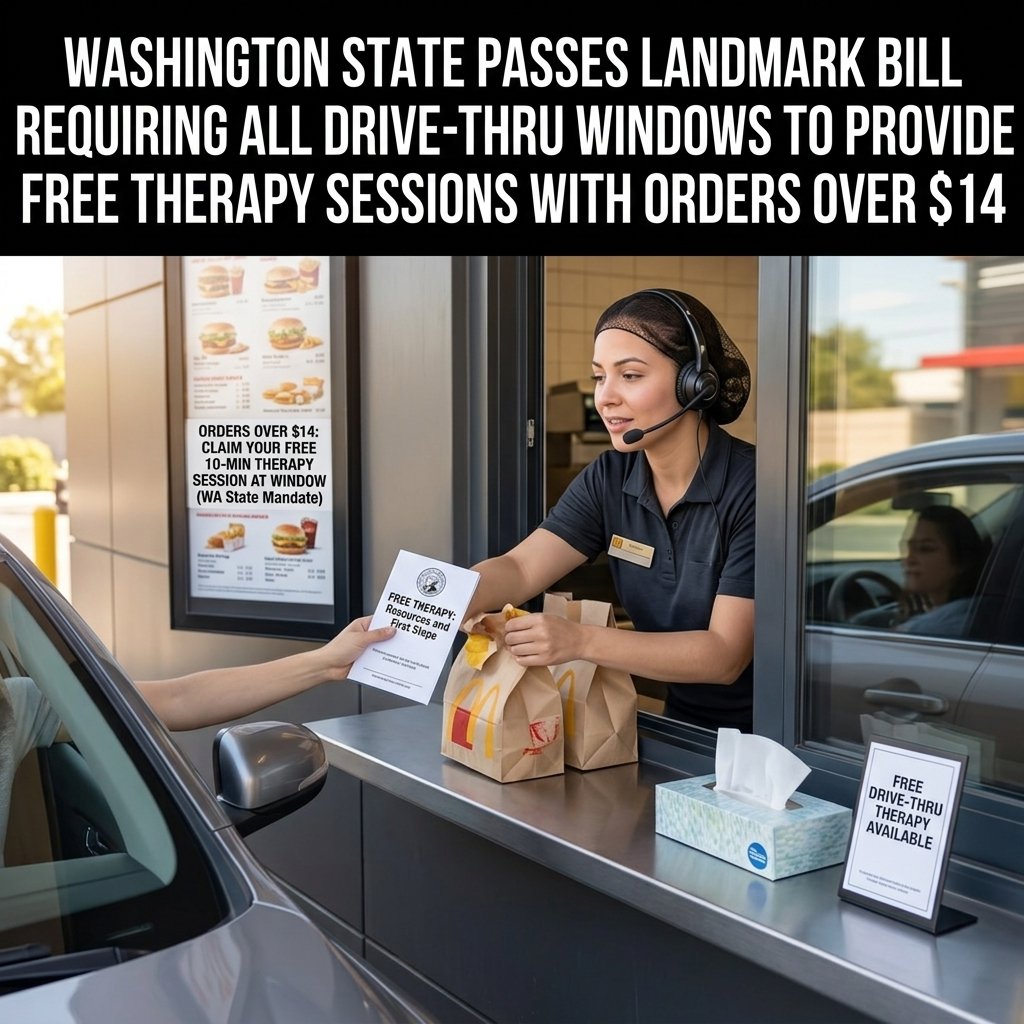 OLYMPIA, WA — A new state law signed Monday now requires every drive-thru window in Washington to provide a free 10-minute therapy session with any food order totaling more than $14, beginning Novembe