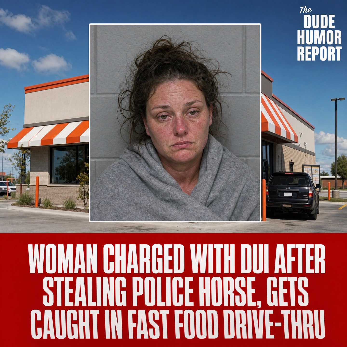 She allegedly stole a police horse, got drunk in the saddle, and rode it straight into a fast-food drive-thru like it was the most normal errand of her life. Workers said she tried to order fries “for