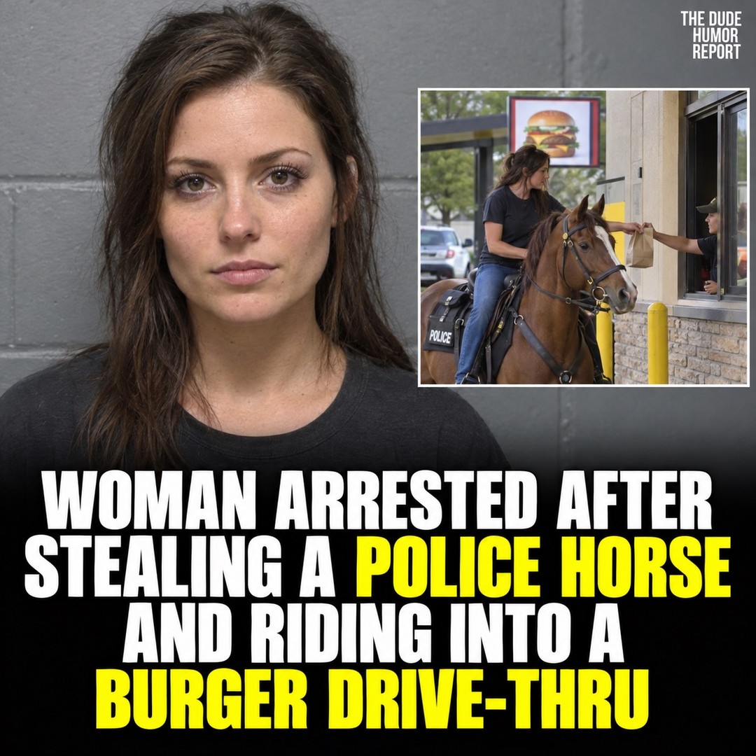 WOMAN ARRESTED AFTER STEALING A POLICE HORSE AND RIDING INTO A BURGER DRIVE-THRU