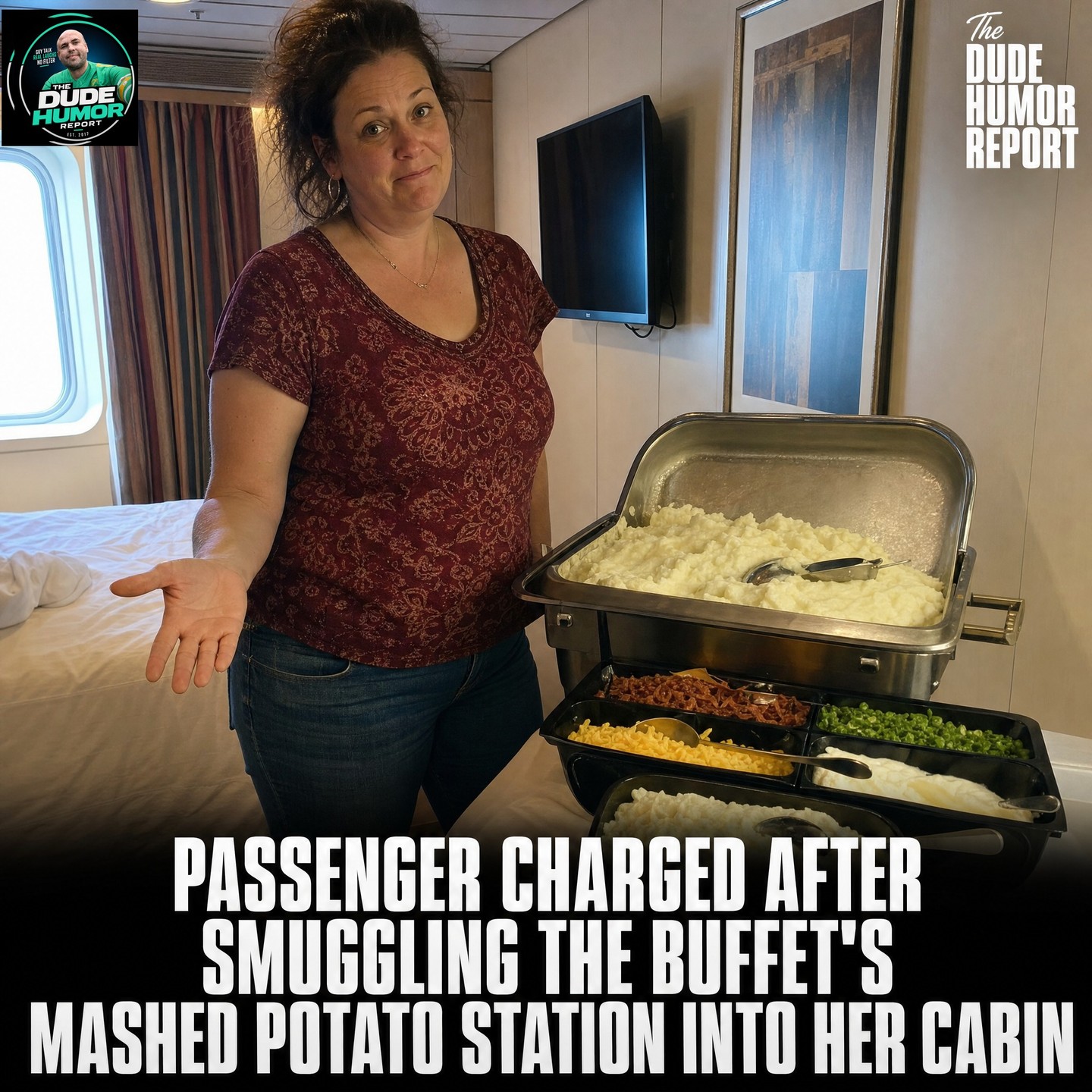PASSENGER CHARGED AFTER SMUGGLING THE BUFFET'S MASHED POTATO STATION INTO HER CABIN