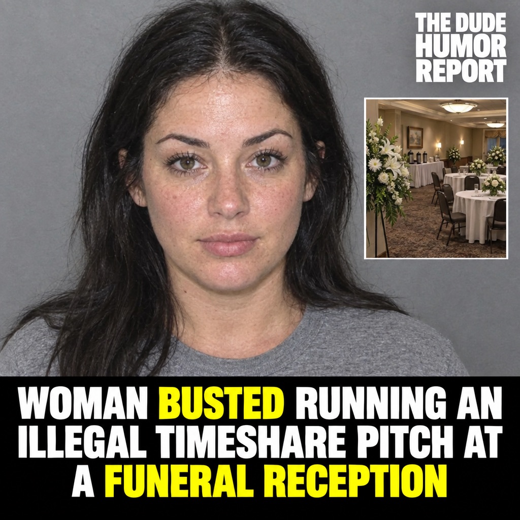 WOMAN BUSTED RUNNING AN ILLEGAL TIMESHARE PITCH AT A FUNERAL RECEPTION
