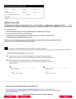 B 101B fillable PDF first-page preview of Statement About Payment of an Eviction Judgment Against You (individuals)
