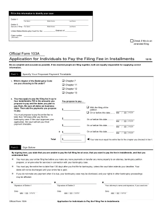 B 103A fillable PDF first-page preview of Application for Individuals to Pay the Filing Fee in Installments