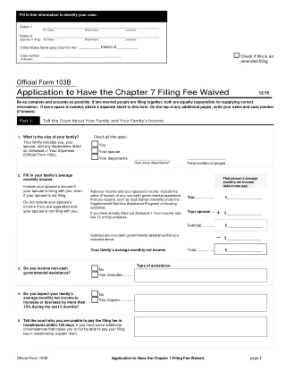 B 103B fillable PDF first-page preview of Application to Have the Chapter 7 Filing Fee Waived
