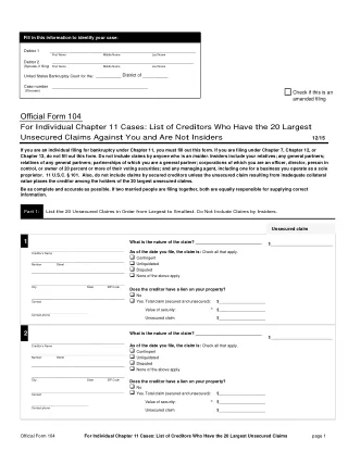 B 104 fillable PDF first-page preview of For Individual Chapter 11 Cases: The List of Creditors Who Have the 20 Largest Unsecured Claims Against You Who Are Not Insiders