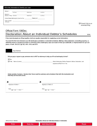 B 106 Declaration fillable PDF first-page preview of Declaration About an Individual Debtor’s Schedules