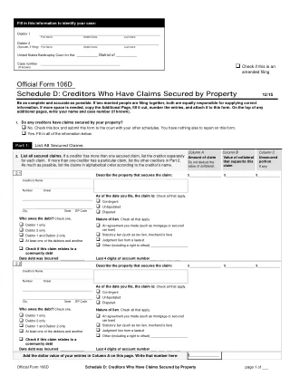 B 106D fillable PDF first-page preview of Schedule D: Creditors Who Hold Claims Secured By Property (individuals)
