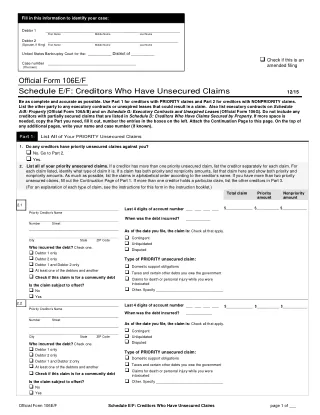 B 106E/F fillable PDF first-page preview of Schedule E/F: Creditors Who Have Unsecured Claims (individuals)