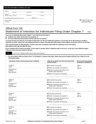 B 108 fillable PDF first-page preview of Statement of Intention for Individuals Filing Under Chapter 7