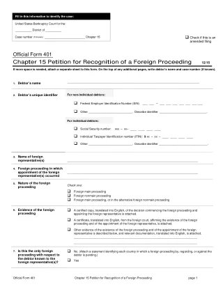 B 401 fillable PDF first-page preview of Petition for Recognition of Foreign Proceeding