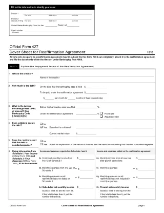 B 427 fillable PDF first-page preview of Cover Sheet for Reaffirmation Agreement