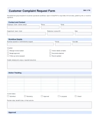 Customer Complaint Request Form fillable PDF first-page preview